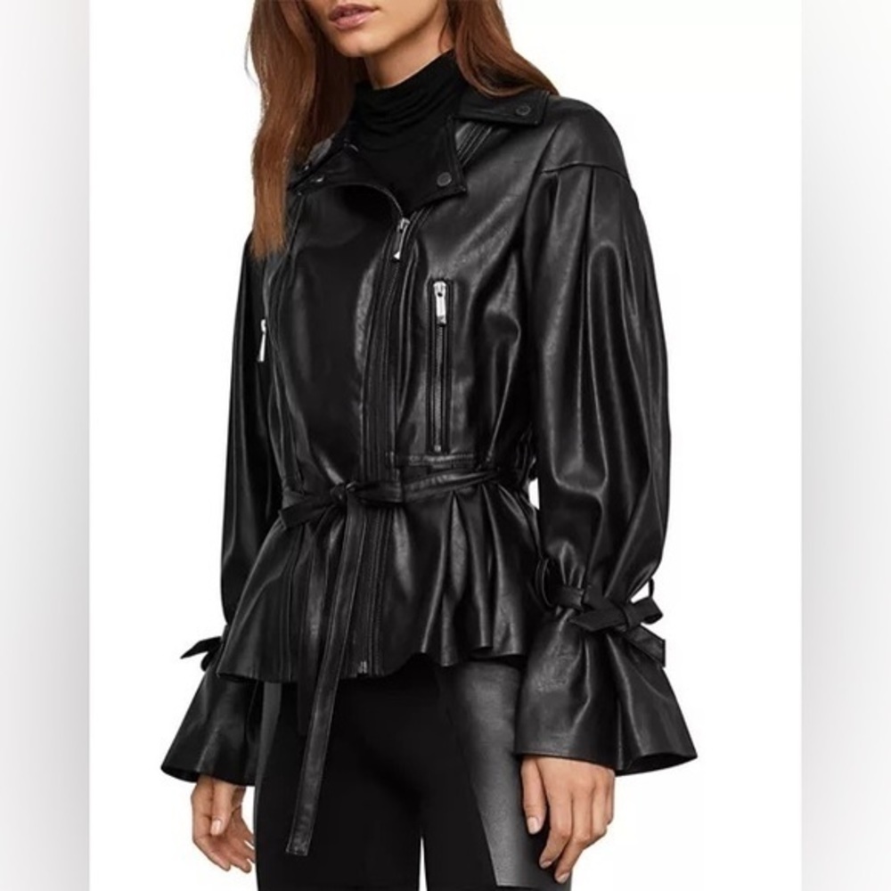 BCBGMaxazria Kinsley Black Vegan Leather Balloon Sleeve Belted Moto Jacket XS